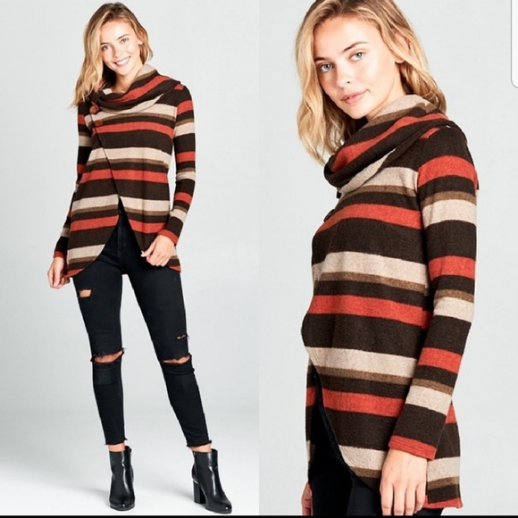 Last 1! (S) Fuzzy stripe cowl neck wrap sweater - Picture 2 of 4